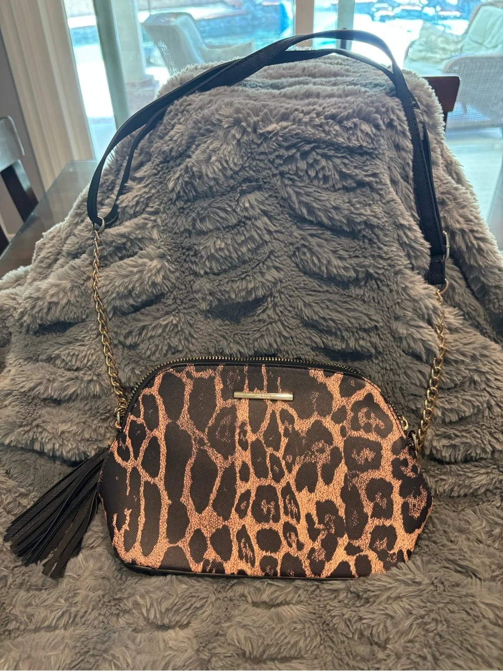 Aldo Black & Brown Leopard Print Crossbody with Gold Chain